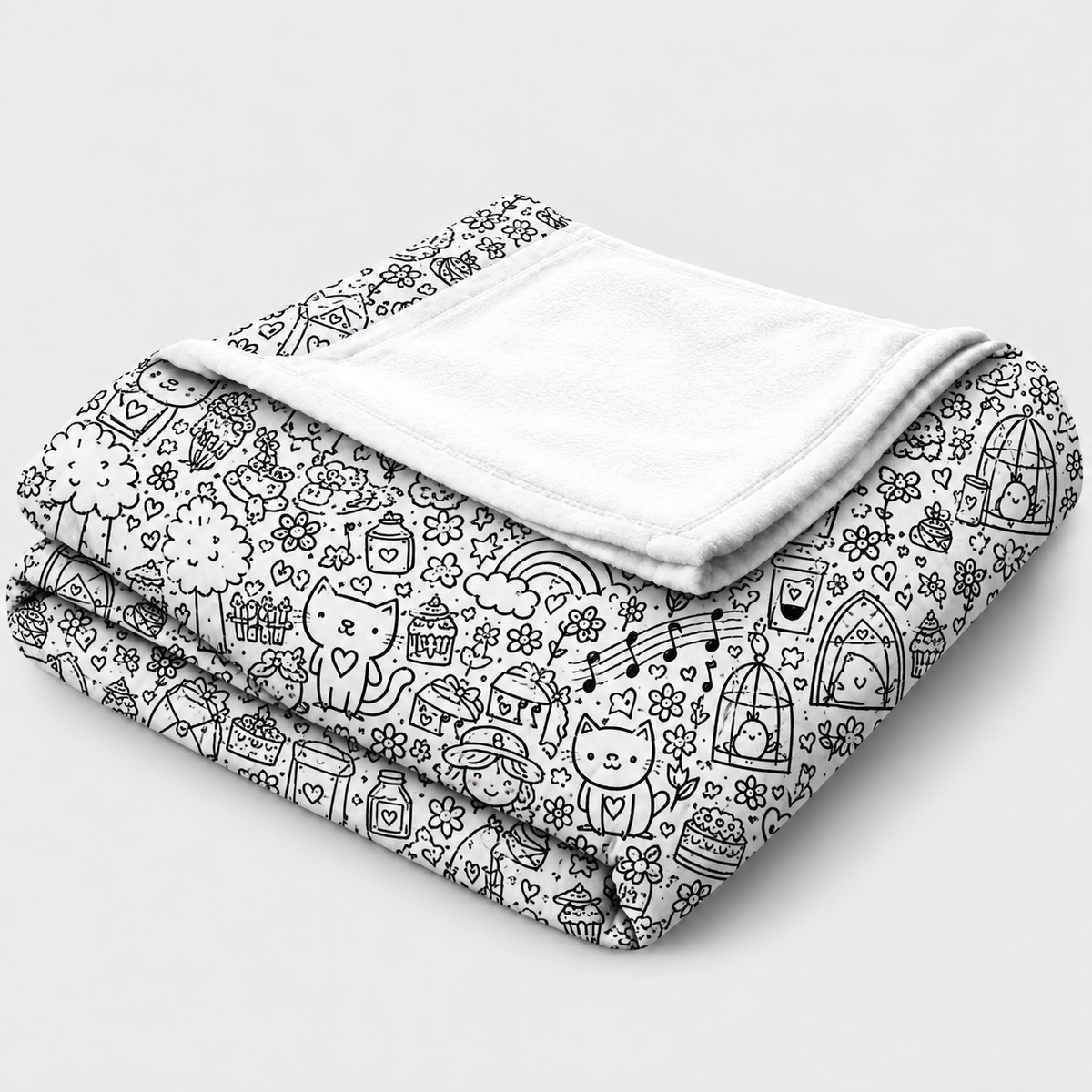 Furry Friends colour-in blanket – kitties, cupcakes and hearts