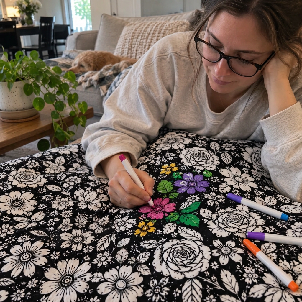 Colouring the blanket at the table
